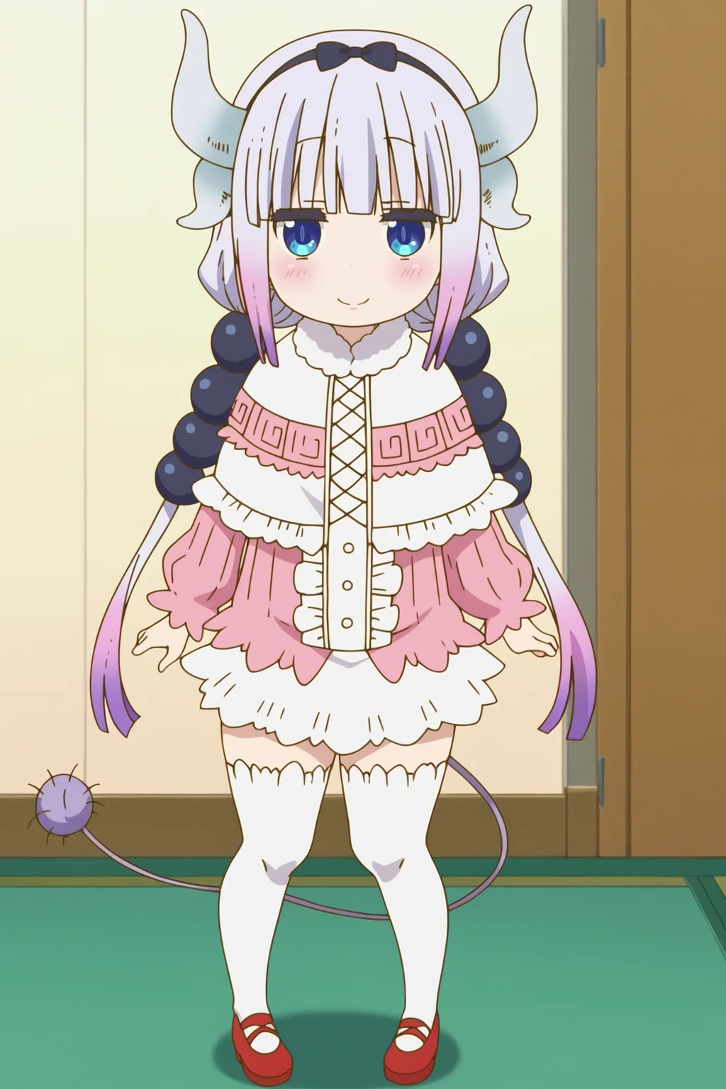 score_9, score_8_up, score_7_up, source anime, prefect lighting, very aesthetic, BREAK, anime coloring, anime screencap, 
<lora:kanna_kamui_v2-pdv6:1>, 1girl, kanna kamui, kobayashi-san chi no maidragon, blue eyes, purple hair, gradient hair,low twintails, hair beads, hair bow, tail, dragon horns, dragon girl, 
kanaout1, short dress, capelet, center frills, white thighhighs, 
BREAK, looking at viewer, light smile, blush, full body, 
BREAK,
