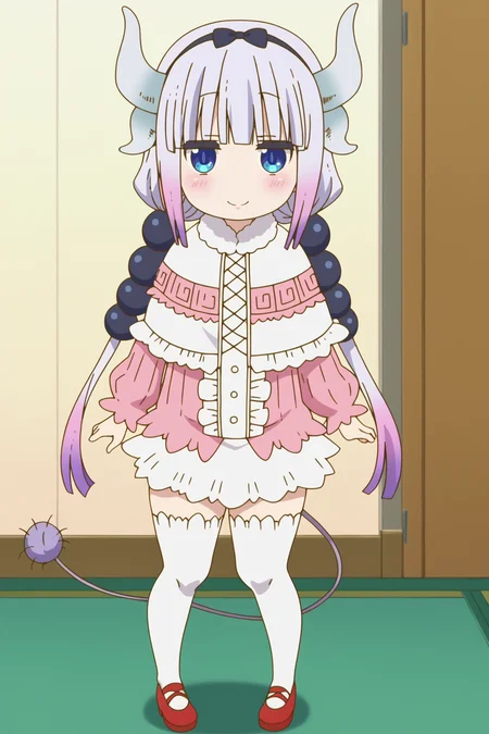 score_9, score_8_up, score_7_up, source anime, prefect lighting, very aesthetic, BREAK, anime coloring, anime screencap,
<lora:kanna_kamui_v2-pdv6:1>, 1girl, kanna kamui, kobayashi-san chi no maidragon, blue eyes, purple hair, gradient hair,low twintails, hair beads, hair bow, tail, dragon horns, dragon girl,
kanaout1, short dress, capelet, center frills, white thighhighs,
BREAK, looking at viewer, light smile, blush, full body,
BREAK,