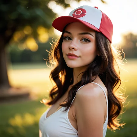 hilda from pokemon,[brunette],[beautiful],[young],[pokem cap red and white], [realistic lighting],[photo],[photorealistic],[score_9, score_8_up, score_7_up, score_6_up, score_5_up, score_4_up],