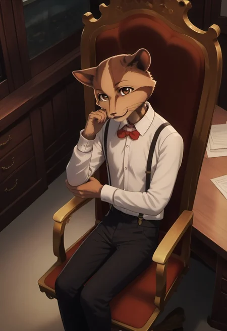 score_9_up, score_8_up, score_7_up, masterpiece, best quality, amazing quality, very aesthetic, absurdres, newest, high quality, detailed, male, solo male, Deshico, 1boy, mature male, male, anthro, civet, animal ears, brown eyes, tan and brown fur, white collared shirt, red bowtie, black suspenders, black pants, indoors, office, sitting in chair, sitting at desk, looking at viewer, smiling, resting head on hand, half body
