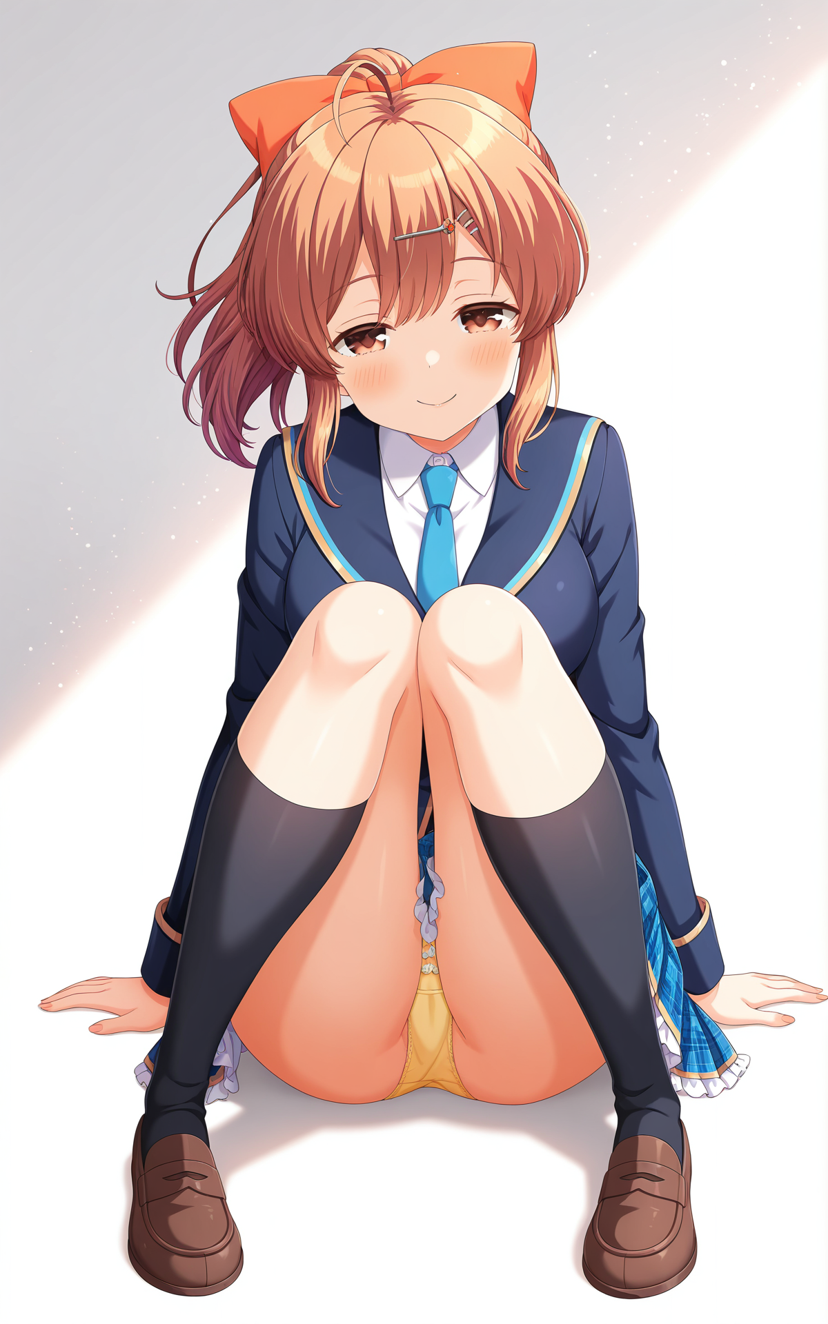 masterpiece, best quality, good quality, newest,4k, perfect lighting, cinematic, very aesthetic, official art, anime screencap, anime coloring,(((white background, simple background))),
1girl,solo,sakurai akane,brown hair, long hair,ponytail,ahoge,bangs,shiny hair,hairclip, hair ornament,red hair bow,brown eyes,
seio school uniform,blue jacket,blue necktie,white shirt,collared shirt,blue skirt,pleated skirt,frilled skirt,miniskirt,panties,black socks,loafers,full body,
seductive smile,naughty face,half closed eyes,looking at viewer,sitting,knees up,knees together feet apart,arms at sides,facing viewer,BREAK
<lora:ILakane:1>