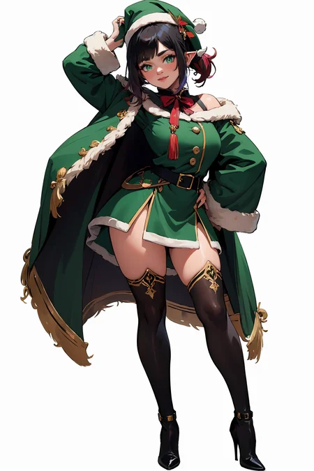 (masterpiece, best quality, highres, high resolution:1.2), extremely detailed, intricate details, 1girl, solo, looking at viewer, clamEmma, <lora:clamEmma:0.6>, (simple background, white background:1.2), full body, green santa's elf outfit, santa hat, high heel boots, smile, side-swept bangs, black hair, pink IncursioDipDyedHair, messy mid ponytail, green eyes, thick eyebrows, freckles, <lora:DipDyedHair:0.8>, <lora:weight_slider_v2:0.25>, (cinematic lighting, bloom, volumetric)