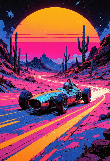 masterpiece, high-quality, retro futurism vector art, A rocket-car racer hurtles through a neon desert plain, the stylized sun dipping below the horizon in shades of electric pink and orange. His short, slicked-back hair and chrome racing suit reflect the distinct blocky shapes and bold color gradients characteristic of classic sci-fi posters. The cameras medium-wide angle captures the curving track lined with towering geometric cacti that pulse in synchrony with the rocket-cars contrail. Light bursts and speed lines radiate from the vehicles thrusters, giving the entire hyperdetailed vector landscape a sense of unstoppable momentum. The vibe is both nostalgic and forward-looking, seamlessly blending vintage design motifs with dazzling neon technology, <lora:FLUX\FLUX-daubrez-DB4RZ:0.3> <lora:FLUX\ArcaneFGTNR:0.5> <lora:FLUX\VividlySurrealApex:0.6> <lora:FLUX\Anime v1.3:0.5>