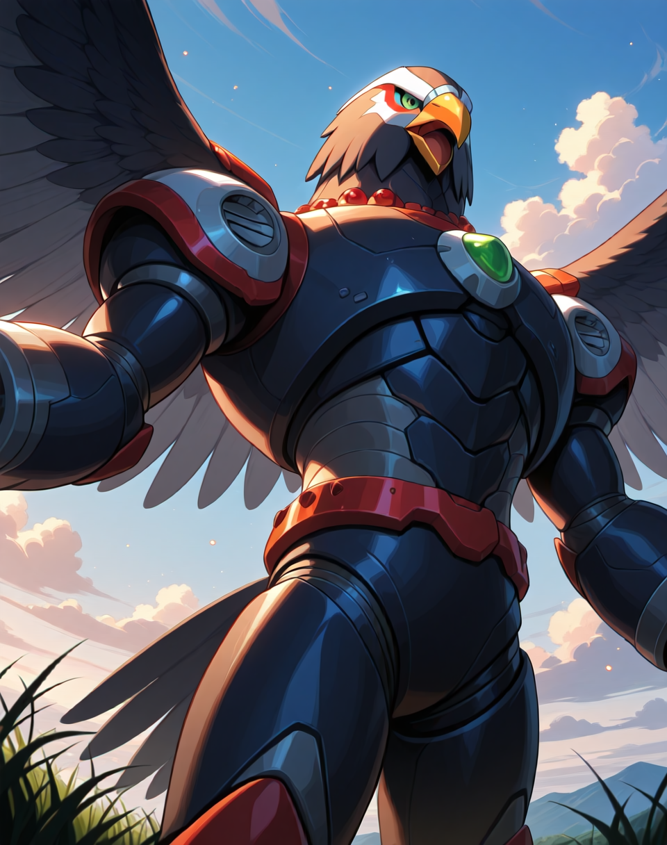 <lora:Reploid_(Mega_Man_X)_(Illustrious)_(AD):1.35> reploid, MMX, 
exterior, sky with clouds, grassy valley,
male focus, intense shadows, dynamic shadows, intricate details, attention to details, gradient coloring, bright vivid colors, robot, bent leg, glossy metal body, cowboy shot, eagle reploid, 
BREAK very awe, masterpiece, best quality, amazing quality, very aesthetic, highres, absurdres,  
EZRealPONYXL, zPDXL, Smooth Quality, lazynsfw,