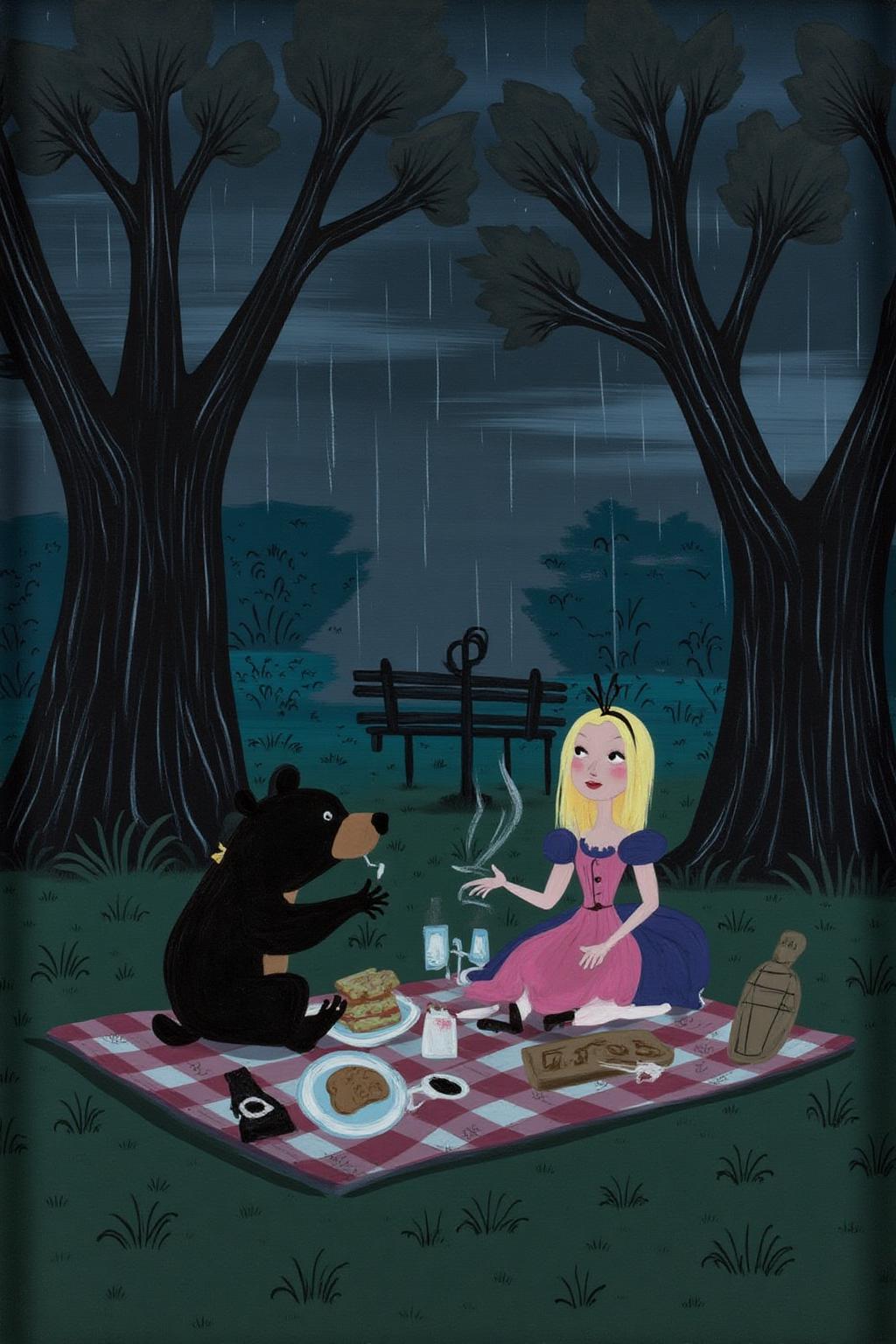 maryblair2 illlustration.
A woman and a black bear sitting in a park for a picnic in gloomy rainy day.	   
 <lora:maryblair3_cap_d6a3e9:1.0><lora:855888677002282712:0>