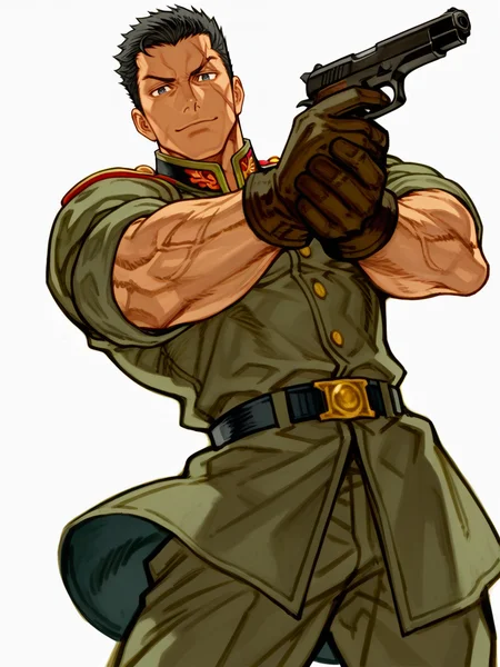 NishimuraXL,, simple background, (sketch:1.1), muscular male,
1boy, balck hair, scar on face, military uniform, gloves, handgun, fighting stance, light smile, 
white background, looking at viewer, dynamic pose, cowboy shot,
<lora:AKinuNishimura_Style-12:1>