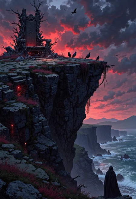 The Ruined Throne of the Morrígan
Atop a desolate windswept cliff, overlooking a raging sea, lies the abandoned throne of the Morrígan, the Celtic goddess of war and fate. The remnants of a once-great stone fortress crumble under the weight of time, its walls cracked and covered in black moss and red creeping vines.
A massive throne of twisted, gnarled roots and ancient bones sits at the heart of the ruin, its surface carved with forgotten ogham symbols glowing faintly in the dark. Crows and ravens perch along the ruined arches, their watchful eyes glowing like embers in the fading twilight.
The sky is an ominous mix of dark storm clouds and blood-red light, casting long shadows over the barren landscape. The wind carries the distant sound of battle cries and lamenting spirits, remnants of an ancient war that was never forgotten. In the distance, a spectral figure cloaked in shadow watches, waiting for the rightful ruler to return.