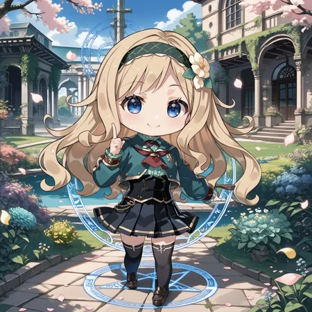 score_max, (score_9, score_8_up, score_7_up:1.2), score_6_up, official art, source_anime,
, masterpiece, absurdres, high detail, 8k,
outdoors, garden, arch, flower, wind, (petals:1.4), ivy, thorn,
standing, hand up, index finger rise, magic circle, aerokinesis, wind effect, smile,
(chibi:1.3), solo, kamotti, green hairband, hair flower, school uniform, cross tie, green jacket, long sleeves, crop top, red neckerchief, green shirt, frilled shirt, corset, black skirt, pleated skirt, black thighhighs, loafers
<lora:XL_Pony_gomaotsu-chamomile-t1:1>