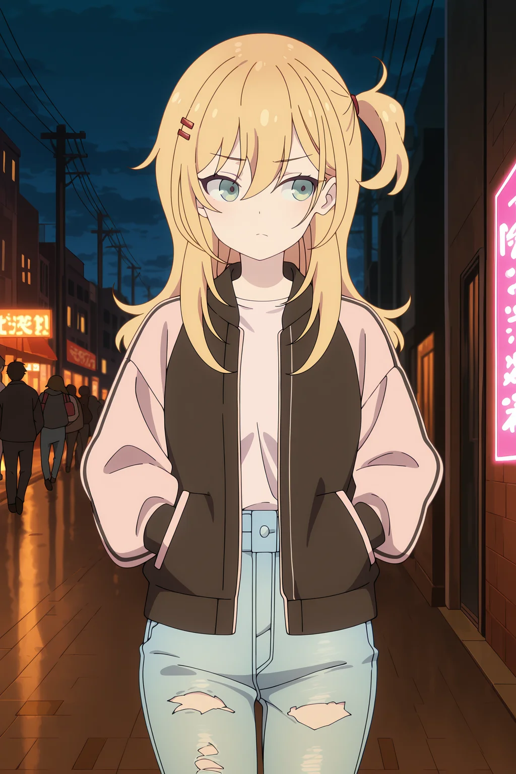 volumetric lighting, official style, amazing quality, ultra detailed, highres, detailed background, anime screenshot, anime screencap, anime coloring, masterpiece, detailed face,1girl <lora:nana_hoshi__-20:0.9>nana_hoshi, blonde hair, long hair, green eyes, hair ornament, bangs, one side up, hair between eyes, solo,jacket, walking, at night, (eyes looking away from the viewer:1.3, looking away from viewer:1.3), ripped jeans, hands in pocket, nighttime, city streets, neon signs, crowd behind,