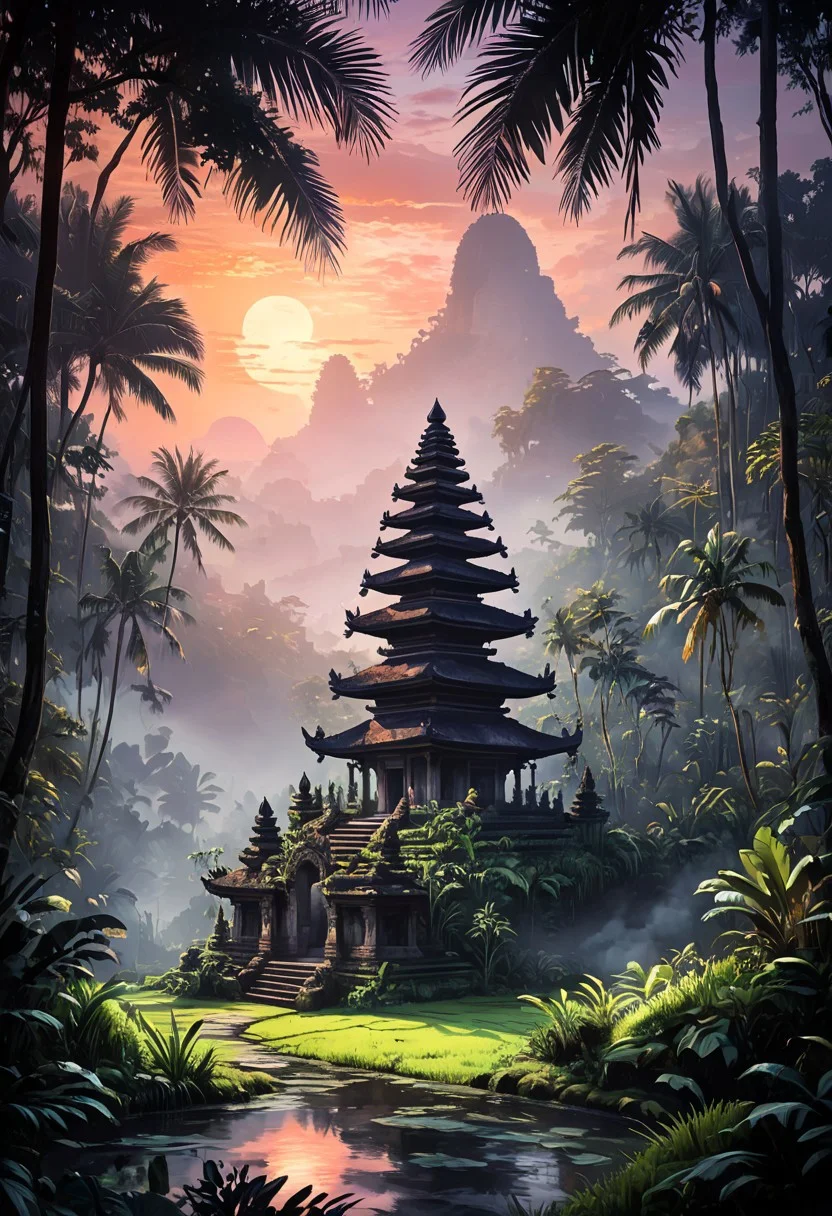 breathtaking beauty of Bali, scenic bali jungle sunset landscape with a temple, perfect composition, Pastell colors, haze, low angle,
shadow Palms, masterpiece, best quality, double exposure, realistic, whimsical, fantastic, splash art, intricate detailed, hyperdetailed, maximalist style, photorealistic, concept art, sharp focus, harmony, serenity, tranquility,
mysterious glow, ambient occlusion, halation, cozy ambient lighting,dynamic lighting, masterpiece, liiv1, linquivera, metix, mentixis, masterpiece, award winning,