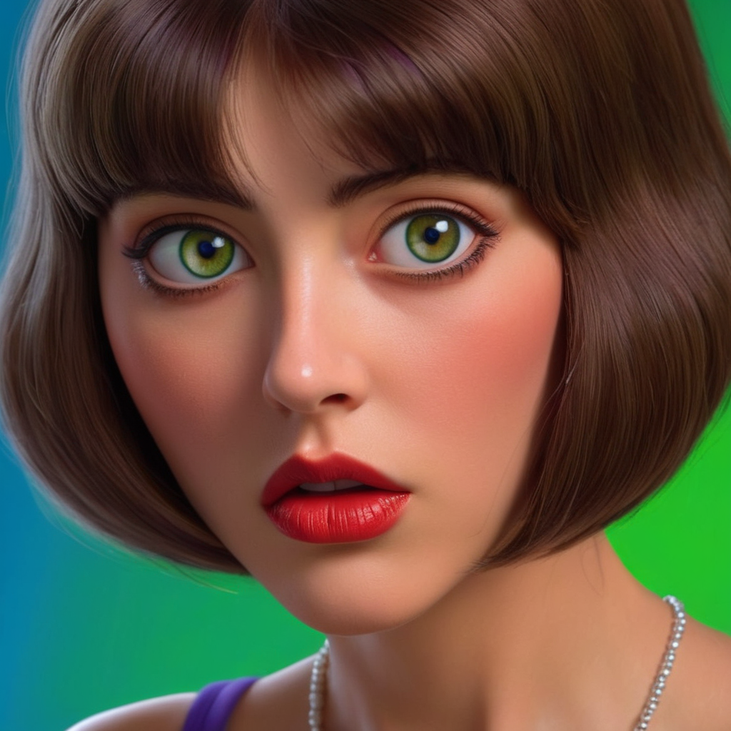 Hyperrealistic art of  <lora:Marie John North v3:1>
Marie John North a medium shot of a 1970's cartoon woman with a brown Pageboy hair cut and a purple bra top staring in shock at something with big wide green eyes and red lips with blue background Anime Manga Girl, Extremely high-resolution details, photographic, realism pushed to extreme, fine texture, incredibly lifelike
