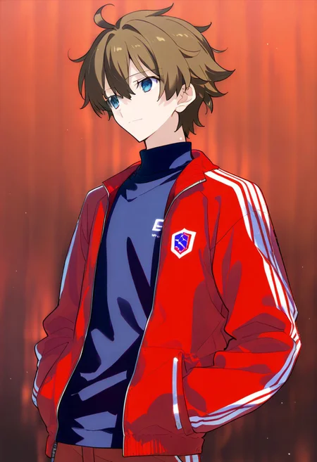 (score_9, score_8_up, score_7_up, source_anime), ((solo)), calm, closed mouth, 1girl, solo, peaceful, closed mouth, small smile, lazy, ((oreki_houtarou)), masculine, brown hair, blue eyes, short hair, ((spiky hair, pointy hair, messy hair)), hair between eyes, red tracksuit, red tracksuit, tracksuit jacket, red jacket, plain jacket, open jacket, black shirt, collard shirt, plain shirt, red trousers, hands in pockets, no background, dark background, cowboy shot, dark background, portrait, prototype design, Expressiveh, takeuchi takashi