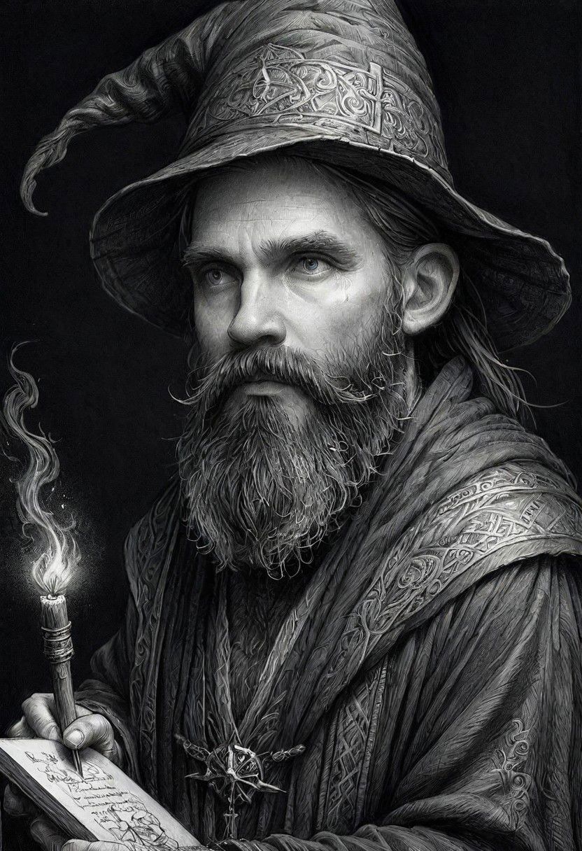 ink art, a black and white drawing of a bearded man wizard,  35 yo, a charcoal drawing by Ed Binkley, cgsociety, fantasy art, charcoal drawing, pencil sketch, detailed painting