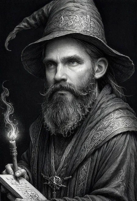 ink art, a black and white drawing of a bearded man wizard,  35 yo, a charcoal drawing by Ed Binkley, cgsociety, fantasy art, charcoal drawing, pencil sketch, detailed painting