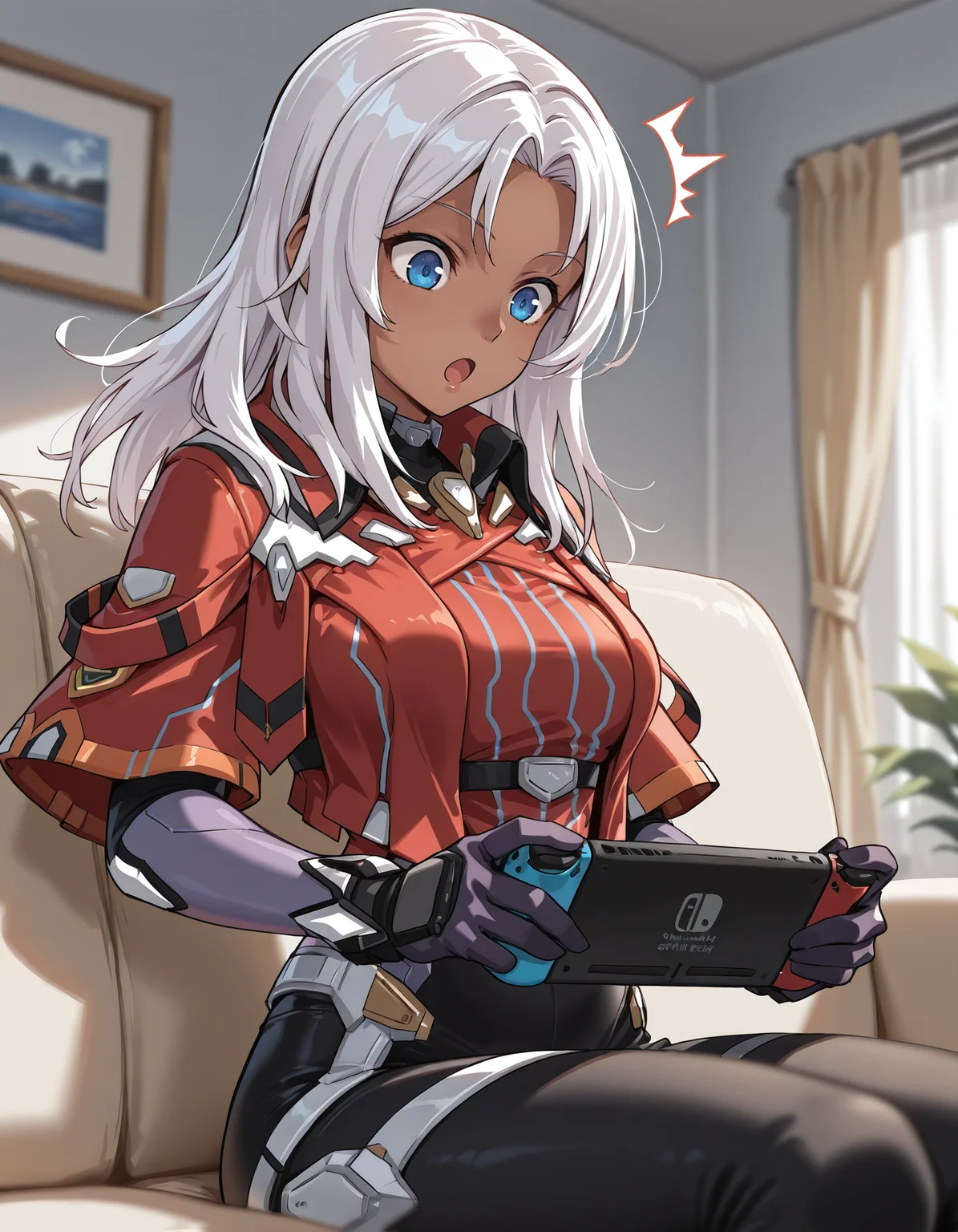 <lora:elma-xb-illustrious-000005:1> elma, gloves, cropped jacket
solo, playing games, nintendo switch, sitting, couch, :o, surprised, contemporary, indoors, depth of field