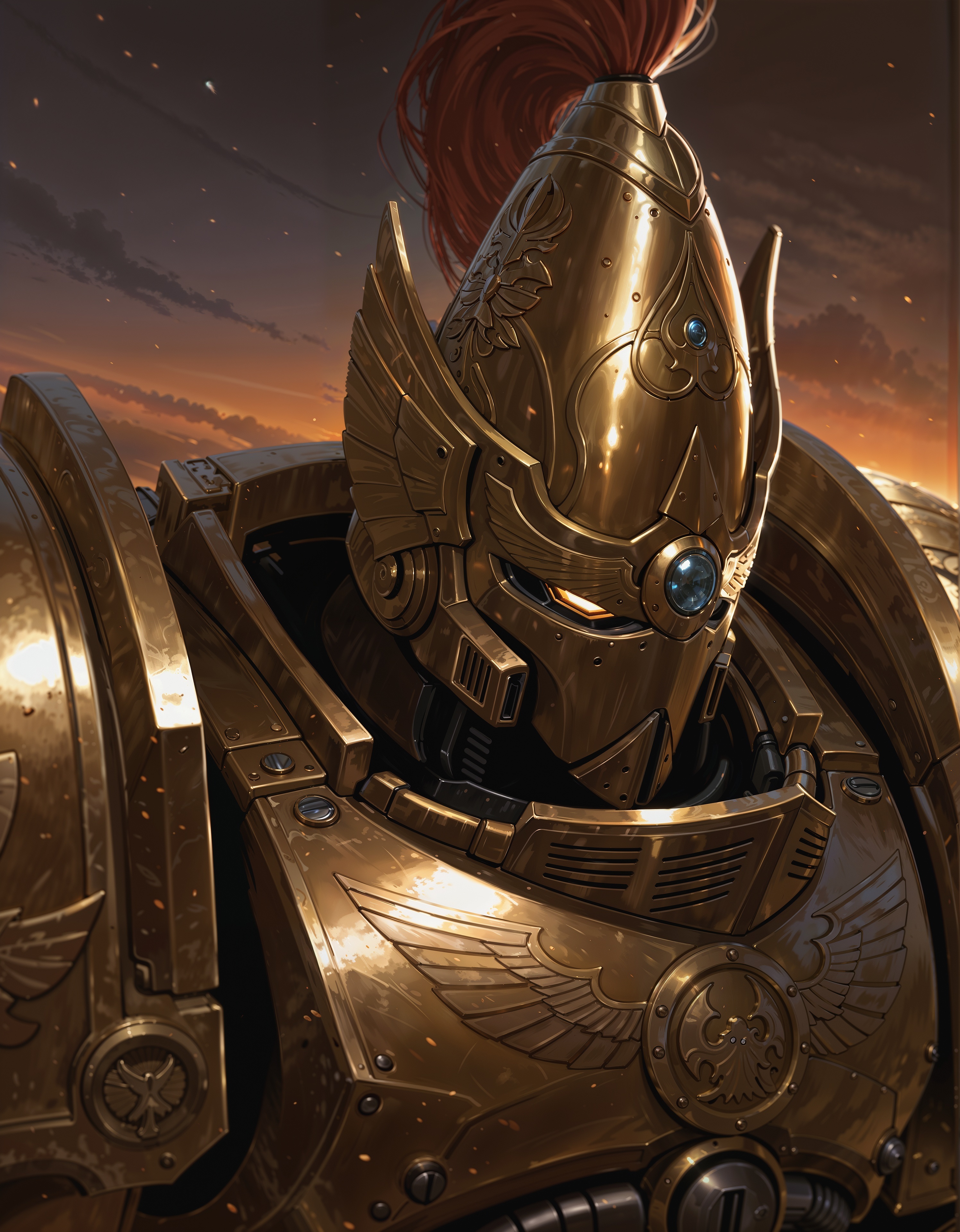 masterpiece, best quality,high quality, newest, highres,8K,HDR,absurdres, iLLCustodes40k, 1boy, solo, helmet, power armor, close up, dutch angle, from_side,from_above, photorealistic <lora:iLLCustodes40k:1>