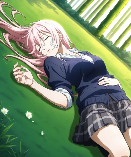 score_9, score_8_up, score_7_up, commission, dynamic view, dynamic angle, dynamic pose, dynamic lighting, good_hands, rating_safe, vein, 
bamboo forest, solo,
extended arms, lying on ground, on back, katana on side, (unconscious, closed eyes), sleeping, resting, hands on belly, legs,
[wide shot, high angle shot|close-up], (full body | upper body)
<lora:takezou_pony:0.9> shinmen takezou, ((long hair, pink hair, bandage on face)), hair between eyes, pink eyes, fit body, dark blue cardigan, white shirt, sleeves rolled up, grep skirt, short skirt, kneehighs, black socks, pleaded skirt,
expressive, expressiveh <lora:Expressive_H-000001:0.8>,
32k, (Masterpiece:1.0),(High Detailed Skin:1.0),( High Quality:1.0), (Official Art, Beautiful and Aesthetic:1.2), (Realistic Lighting:1.0), high detailed, high quality, masterpiece, no text, quality highlights, 8k detail, detailed background, ultra-detailed, beautiful eyes, (ultra detailed face), 
<lora:StS_PonyXL_Detail_Slider_v1.4_iteration_3:2>, <lora:Detailed anime style - SDXL_pony:0.25>, Details extra++ <lora:Add_more_details_pony:0.4>,