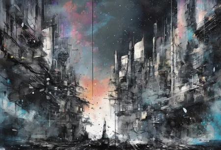 void, left blank, vacant space, ultra fine painting, water wash ink splash, cyberpunk bark mega city, unbalance composition