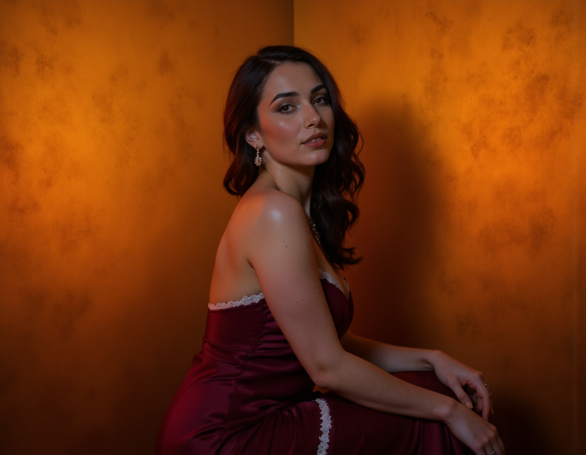 Rembrandt style from behind,The image is a high-resolution photograph featuring a woman of likely Latin or Mediterranean descent, sitting against a textured, golden-brown background. She has long, wavy, dark brown hair cascading over her shoulders, and her skin tone is a warm, olive complexion. Her facial features are well-defined, with dark, expressive eyebrows, full lips, and a confident, slightly smoldering gaze directed towards the camera., 
She is wearing a deep burgundy, satin gown that has a V-neckline with delicate, white lace trim along the edges. The dress is form-fitting, accentuating her hourglass figure with ample cleavage and a cinched waist. She accessorizes with dangling, silver earrings and a thin, silver necklace with a small pendant. Her hands rest gently on her lap, with a ring adorning her left hand., 
The background is a rich, metallic gold, adding a luxurious feel to the image. The texture of the background is slightly grainy, creating a warm, intimate atmosphere. The lighting is soft and flattering, highlighting her features and the texture of her dress, without casting harsh shadows. The overall mood of the photograph is elegant and sophisticated, with a hint of sensuality., <lora:SuperModel-V8:1> . Baroque, chiaroscuro, realistic, emotional, "flat lighting, dark shot
