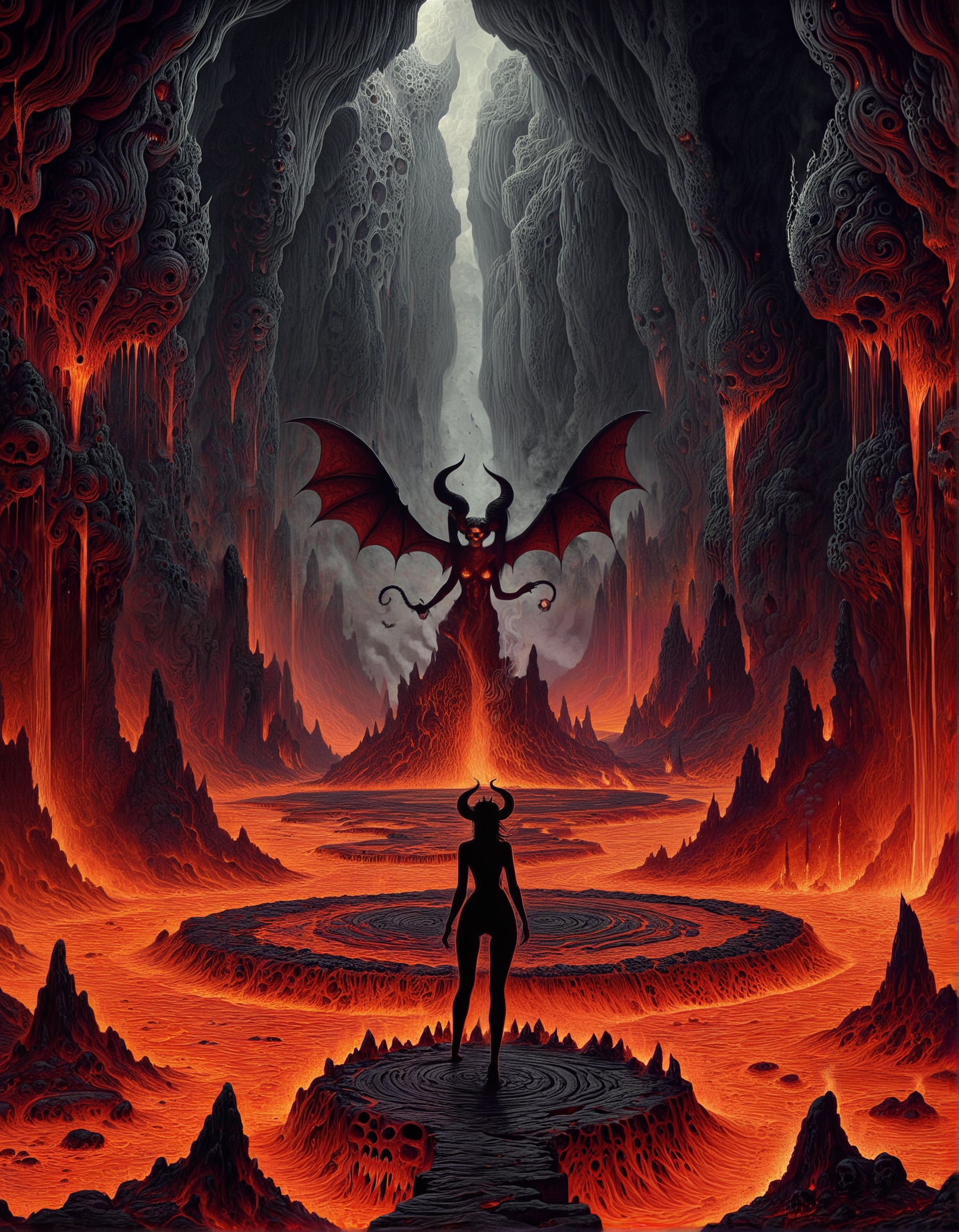trippy artwork, illustration, abstract, 1girl, demon, horns, tail, wings, perfect body, pretty face, flying through hell, lava flows, rock columns, gigantic cave, bones, skull, ancient black monuments and ruins and structures, lavafalls, smoke, ash particles, ash layer, demonic vegetation, mandala, dark, eerie, high contrasts