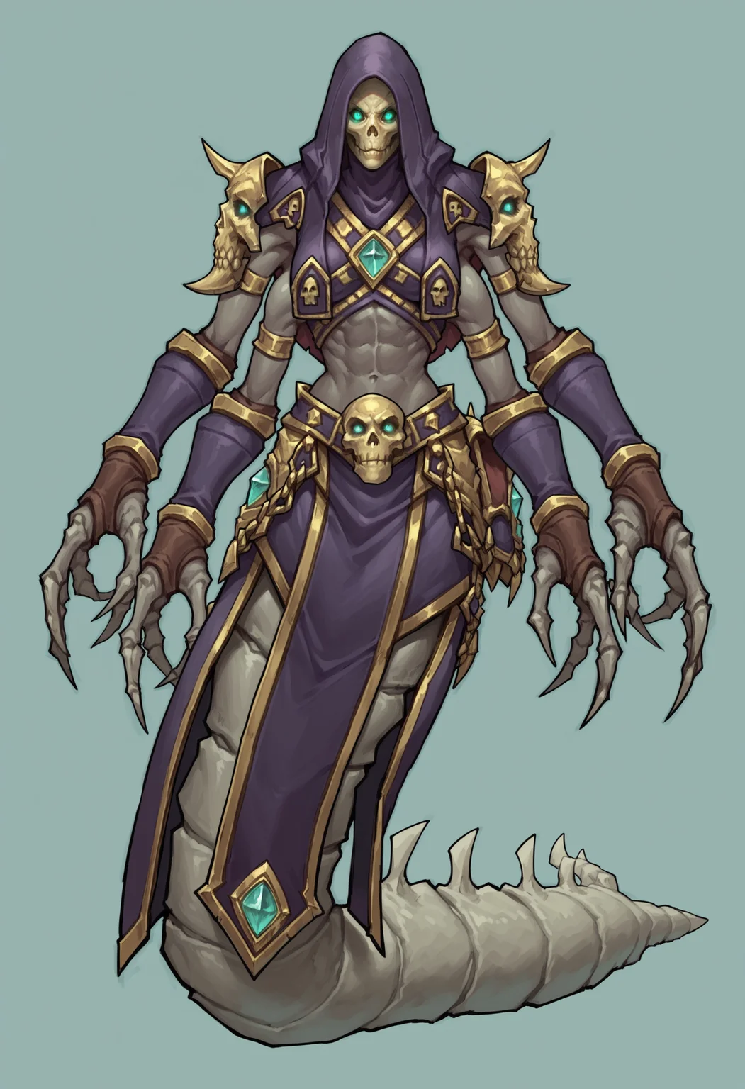 score_9, score_8_up, score_8, source_anime, 1girl, <lora:Mordretha:0.75> solo, colored skin, grey skin, monster girl, large breasts, hood, hood up, armor, extra arms, claws, lamia, shoulder armor, skull, glowing eyes, full body, from front,
light blue background, simple background,,