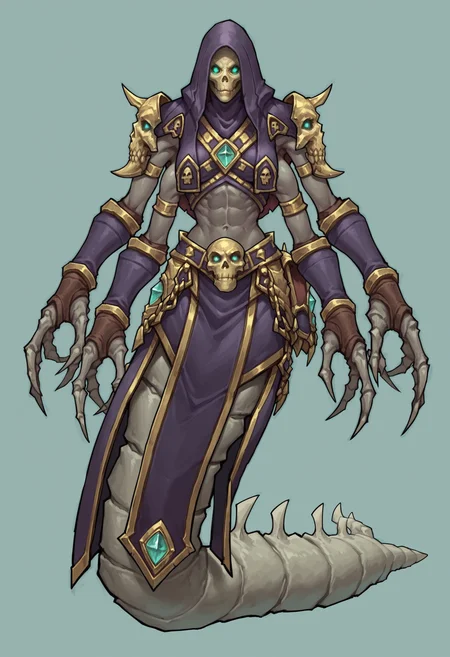 score_9, score_8_up, score_8, source_anime, 1girl, <lora:Mordretha:0.75> solo, colored skin, grey skin, monster girl, large breasts, hood, hood up, armor, extra arms, claws, lamia, shoulder armor, skull, glowing eyes, full body, from front,
light blue background, simple background,,