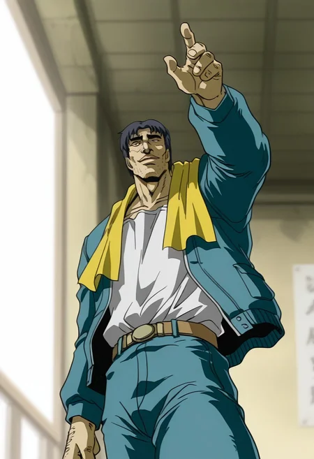 masterpiece, general, best quality, amazing quality, very aesthetic, ultra-detailed, absurdres, highres, best hands, guizuo \(style\), 1man, male focus, solo, black short hair, middle-aged man, black eyes, stubble, yellow towel around neck, blue jacket, open clothes, white shirt, shirt tucked in, blue pants, brown belt,