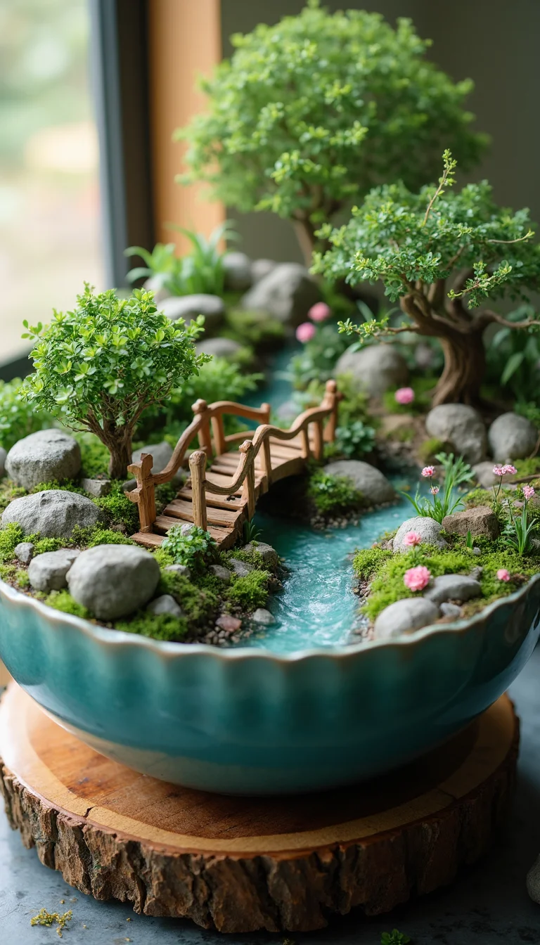 This is a professional photograph of a meticulously crafted miniature garden scene inside a large, round, teal ceramic bowl. The bowl is placed on a rustic wooden stand, which adds a natural, earthy texture. The garden features lush, green plants and small trees with delicate, leafy branches that create a serene, natural landscape. Two small, intricately designed wooden bridges span a narrow, winding stream that runs through the center of the bowl, adding a touch of whimsy and depth. The stream's water is a clear, blue-green, and its surface is gently rippling, indicating a small, continuous flow.
Surrounding the stream are smooth, gray rocks, some with moss, and tiny, pink flowers adding vibrant color and texture. The background of the bowl includes a mix of larger rocks and more plants, enhancing the depth and realism of the miniature environment. The setting is illuminated by soft, natural light, likely from a nearby window, which creates a warm, inviting atmosphere. The overall style is a blend of realism and fantasy, with a focus on detail and natural elements, making the scene both captivating and tranquil.