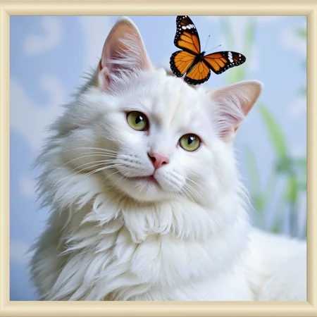 Create a serene portrait of a fluffy white cat with striking green eyes, gazing gracefully forward. Atop the cat's head, place a vibrant orange and black butterfly, contrasting beautifully with the cat's pure white fur. The image should be framed within a beautiful border, capturing the essence of spring evening light, with soft, warm tones that enhance the tranquility of the scene. The background should be softly blurred, suggesting an outdoor setting with a cool, muted palette of pale blue and gentle greens, evoking a peaceful atmosphere. The cat should have a pretty aquiline nose and long, fluffy fur, embodying an aesthetic of beauty and grace. The composition should feel like a moment frozen in time, reminiscent of a National Geographic photograph, highlighting the delicate balance between the cat and the butterfly, and evoking a sense of harmony and serenity. The final image should be 500px in size, with a lovely kiss of soft light illuminating the subjects.
