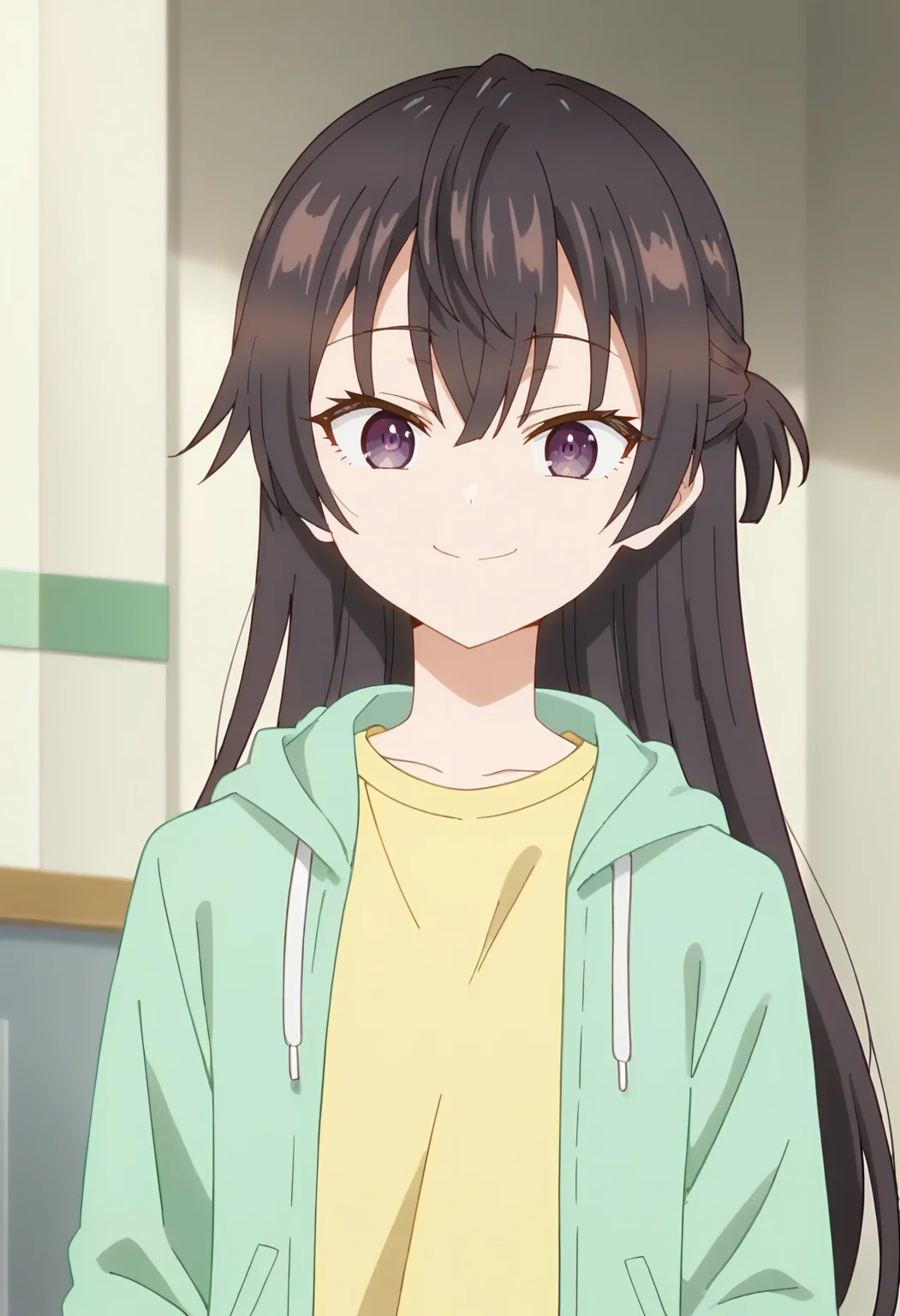 Yuki Suou, long hair, solo , black hair, hair between eyes, brown eyes, purple eyes, ,brown hair, <lora:Yuki Suou-000013:0.9>half updo, yellow shirt, smile, open clothes, jacket, long sleeves, score_9, score_7_up,anime coloring ,source_anime, anime, anime screencap
