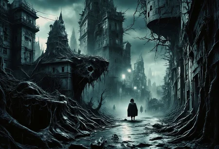 high quality, 8K Ultra HD, a metropolis where elements of nightmarish surrealism converge into a scary, gore, horror scene, Escher's influence is subtly incorporated, transforming the city into an intricate, mind-bending spectacle, Stark contrasts between light and dark enhance the dreamlike quality of the scene, creating an unsettling yet captivating urban horrific dreamscape, photorealistic, ultra realistic,aidmaimageupgrader,