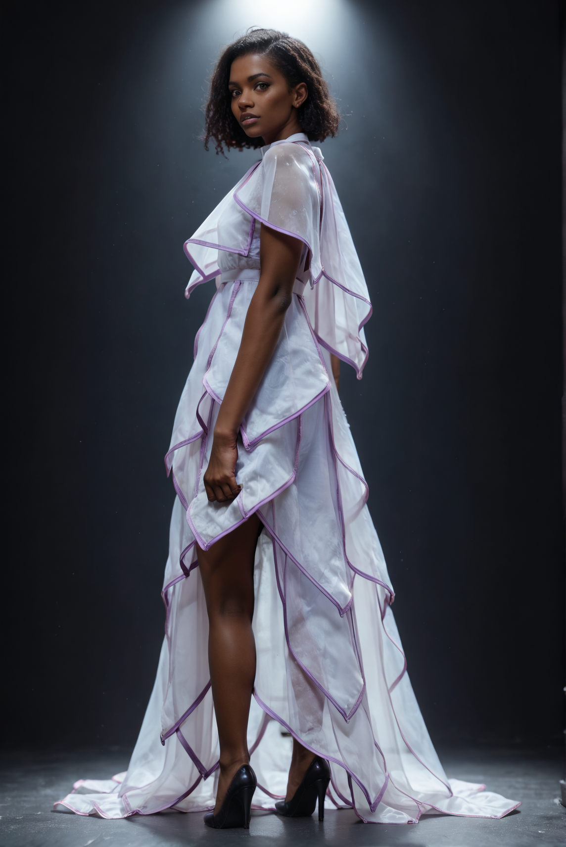 (embedding:Pony_PDXL_Negative_Embeddings\zPDXL2),dark background,1girl,full body,solo,white capelet,white dress,purple capelet,purple dress,purple trim,arms_behind_back,(black hair:1.1),very-dark skin,brown eyes,looking at viewer,high heels<lora:MyTrainings\Test\Layered_Leaves_Dress_XL_Pony_ARZUMATA.safetensors:1>