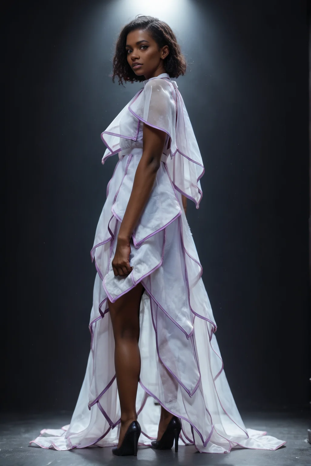 (embedding:Pony_PDXL_Negative_Embeddings\zPDXL2),dark background,1girl,full body,solo,white capelet,white dress,purple capelet,purple dress,purple trim,arms_behind_back,(black hair:1.1),very-dark skin,brown eyes,looking at viewer,high heels<lora:MyTrainings\Test\Layered_Leaves_Dress_XL_Pony_ARZUMATA.safetensors:1>