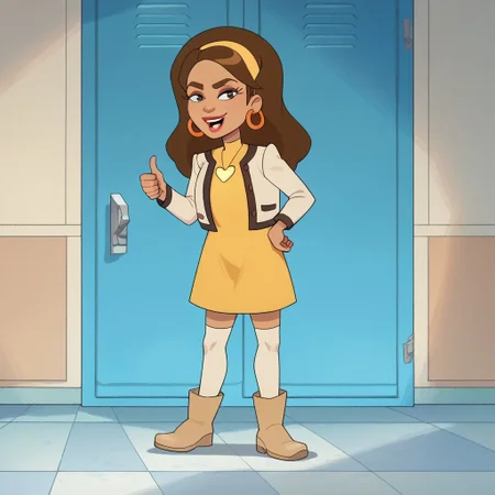 score_9, score_8_up, score_7_, Abby,, Blabby Abby, long hair, Brown hair, yellow headband,lipstick, Jacket, yellow shirt, yellow dress, Boots, thigh highs, hoop earrings, heart neckless, zPDXL2 1girl, solo, thumbs up, brown eyes,