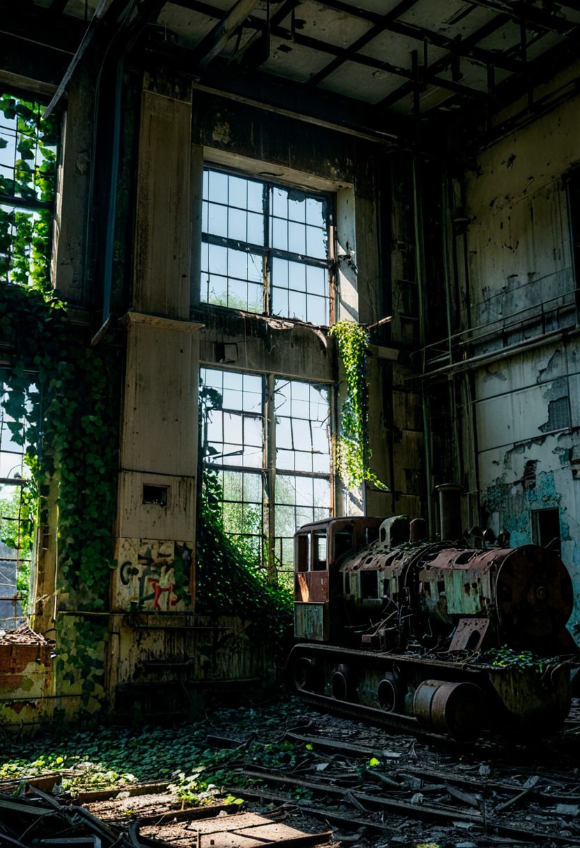 urbex abandoned factory, rusty machinery, broken windows, overgrown ivy climbing the walls, scattered debris, dusty beams of natural light filtering through, cinematic lighting, photorealistic, high detail, moody atmosphere, peeling paint, industrial decay, vibrant textures