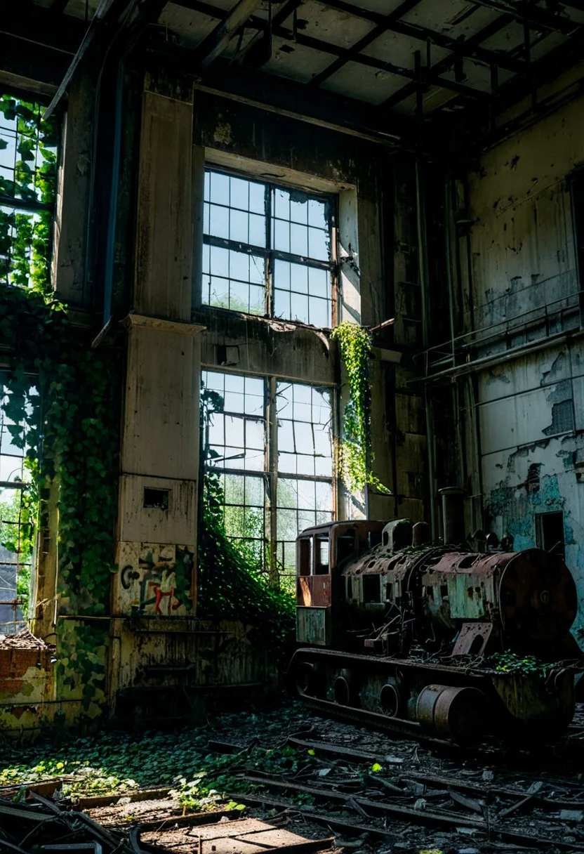 urbex abandoned factory, rusty machinery, broken windows, overgrown ivy climbing the walls, scattered debris, dusty beams of natural light filtering through, cinematic lighting, photorealistic, high detail, moody atmosphere, peeling paint, industrial decay, vibrant textures