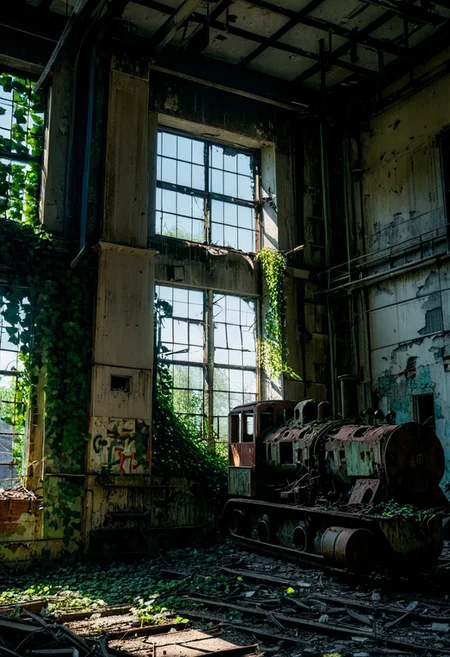 urbex abandoned factory, rusty machinery, broken windows, overgrown ivy climbing the walls, scattered debris, dusty beams of natural light filtering through, cinematic lighting, photorealistic, high detail, moody atmosphere, peeling paint, industrial decay, vibrant textures