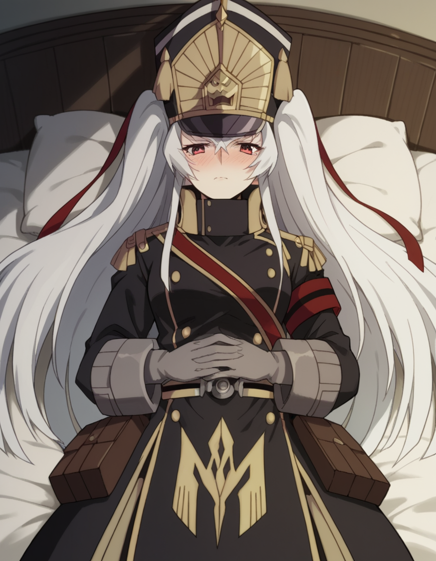 score_9, score_8_up, score_7_up, source_anime, <lora:recreators-altair-s1-ponyxl-lora-nochekaiser:1>, altair, long hair, red eyes, very long hair, white hair, medium breasts,, gloves, hat, uniform, military, military uniform, shako cap,, indoors, bed, bed room, on side, blush, drunk,, , hand on stomach, blush,, looking at viewer, solo,, dutch angle, cowboy shot
