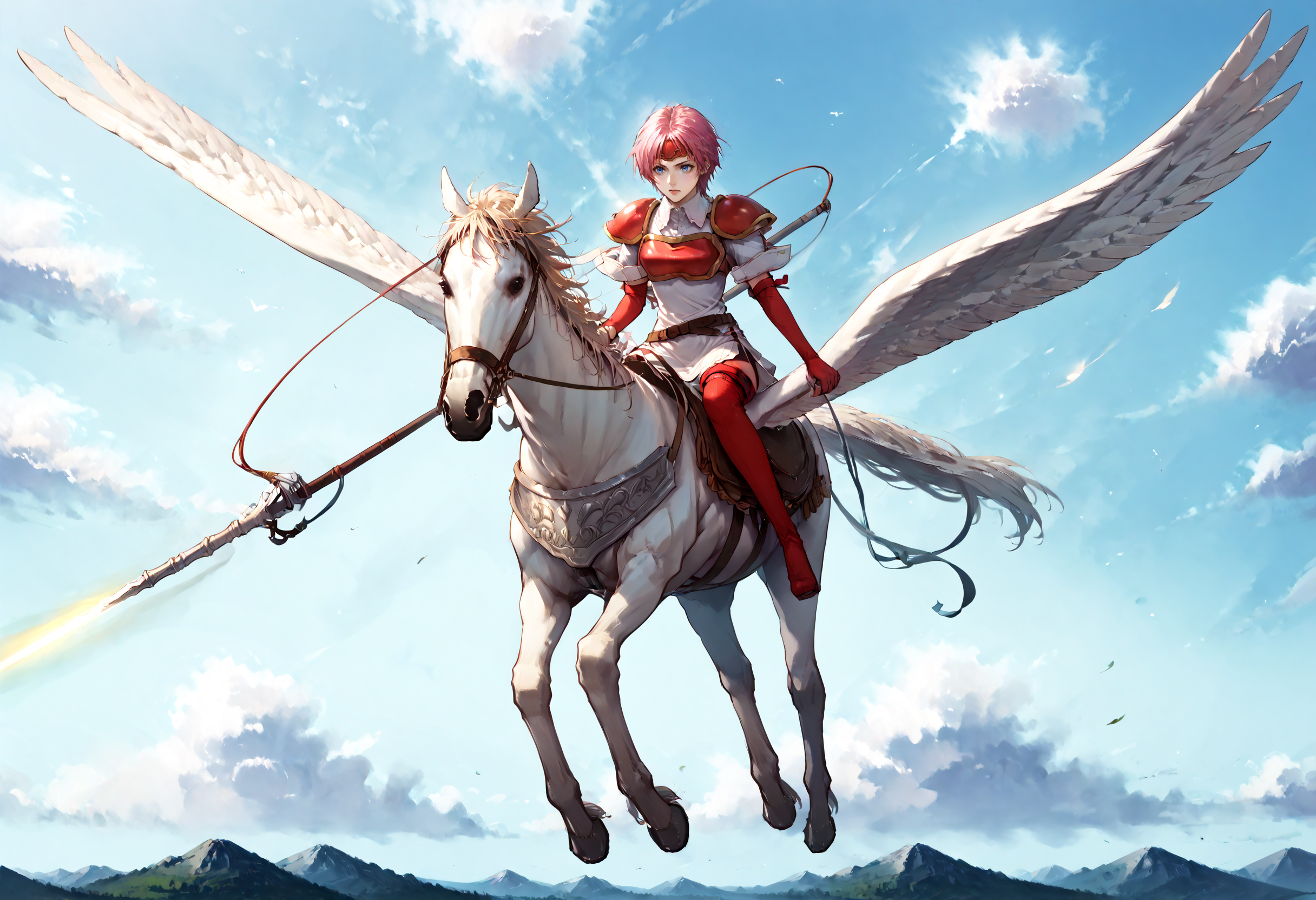 score_9,score_8_up,score_7_up,extreme detailed,full_body,zPDXL BREAK sky,flying,1girl,
<lora:Pony_DetailV2.0:1>,pegasus knight,horse,horseback riding,pegasus,<lora:pegasus knight-v2-pony:0.8>,holding polearm,charging forward BREAK defMarcia,short hair,white tunic,collared shirt,short sleeves,red armor,headband,red elbow gloves,belt,thigh boots,<lora:MarciaFE-pdxl-bsinky-v1:1>,fighting stance,