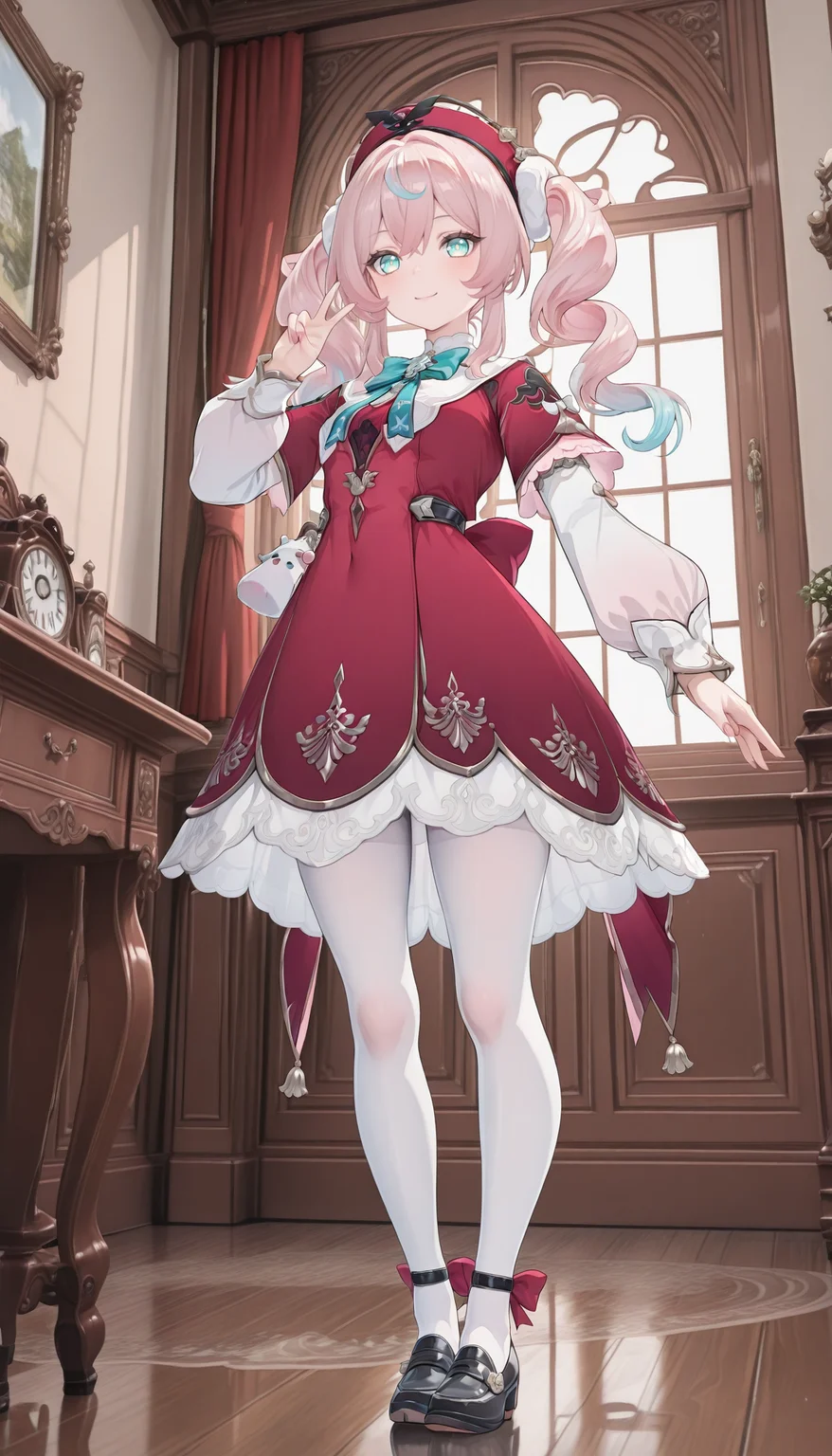 re4lity_sync_illu,eps,Detail enhancement,1girl,solo,tj_hyacine,red headwear,hat,pink hair,twintails,multicolored hair,gradient hair,long hair,blue hair,sidelocks,
aqua eyes,hair between eyes,
dress,red dress,aqua bowtie,long sleeves,puffy sleeves,puffy long sleeves,doll ornament,pantyhose,white pantyhose,bow,shoes,black footwear,indoors,v,smile,full_shot,front view,
(torino_aqua:0.8),(houkisei:0.8),(kousaki_rui:0.8),(rurudo:0.8),
8k,best quality,masterpiece,(ultra-detailed),(high detailed skin),8k,best quality,masterpiece,(ultra-detailed),(high detailed skin),epic,dynamic pose,Dynamic Angle,Sexy posture,