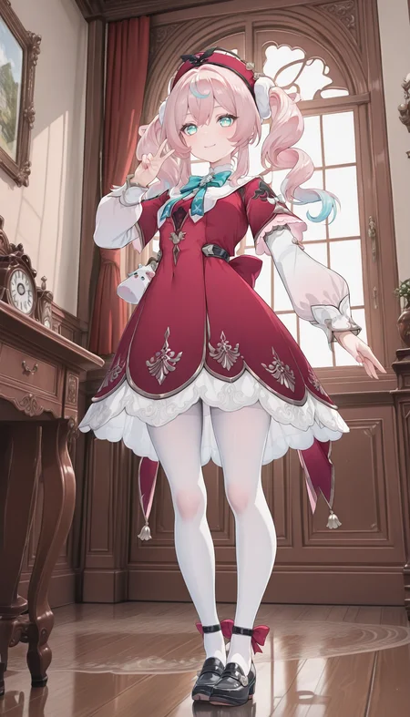 re4lity_sync_illu,eps,Detail enhancement,1girl,solo,tj_hyacine,red headwear,hat,pink hair,twintails,multicolored hair,gradient hair,long hair,blue hair,sidelocks,
aqua eyes,hair between eyes,
dress,red dress,aqua bowtie,long sleeves,puffy sleeves,puffy long sleeves,doll ornament,pantyhose,white pantyhose,bow,shoes,black footwear,indoors,v,smile,full_shot,front view,
(torino_aqua:0.8),(houkisei:0.8),(kousaki_rui:0.8),(rurudo:0.8),
8k,best quality,masterpiece,(ultra-detailed),(high detailed skin),8k,best quality,masterpiece,(ultra-detailed),(high detailed skin),epic,dynamic pose,Dynamic Angle,Sexy posture,