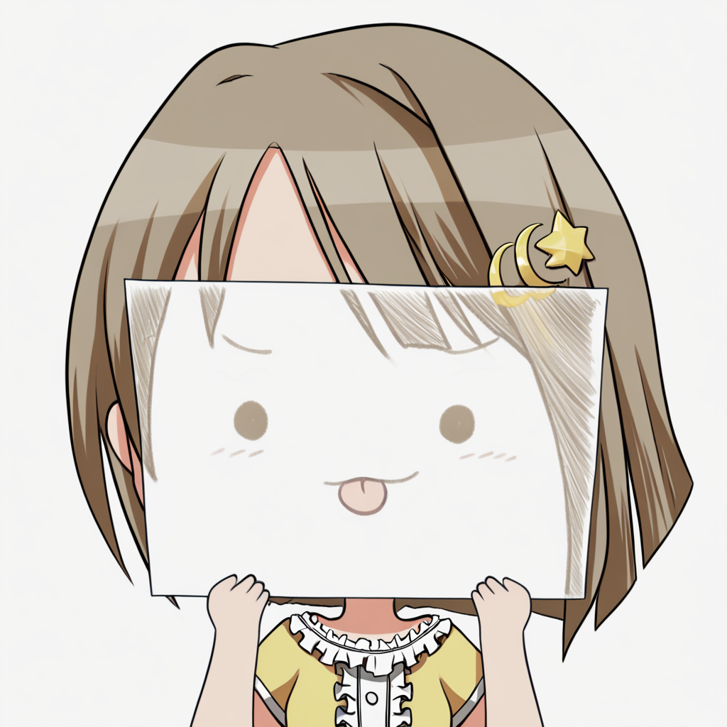score_9, score_8_up, score_7_up, <lora:PaperLikeFacePony:0.8>
PaperLikeFace, 1girl, solo, short hair, simple background, brown hair, shirt, hair ornament, white background, holding, upper body, short sleeves, frills, tongue, tongue out, chibi, star (symbol), :3, crescent, yellow shirt, star hair ornament, paper, crescent hair ornament, holding paper,
