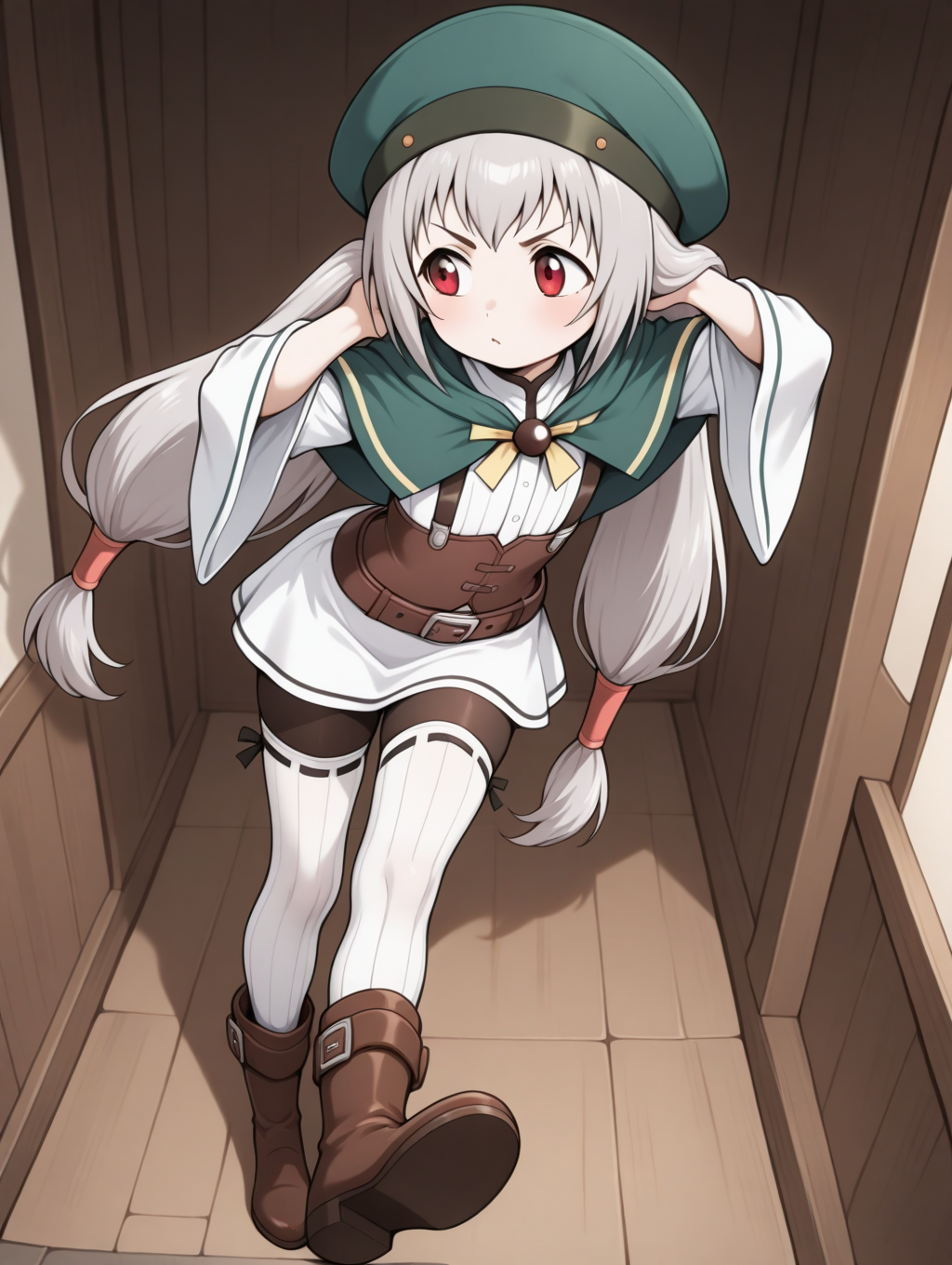 perfect quality,best quality,absolutely eye-catching,ambient occlusion,raytracing BREAK
1girl,<lora:rumina IL v1.2:0.8>,rumina,grey hair,low-tied long hair,twintails,green hat,red eyes,green capelet,white dress,wide sleeves,belt,pantyhose,(vertical stripes white thighhighs:1.2),boots,suspenders,brown corset,suspenders,ribbon-trimmed thighhighs,, pov, looking away,face_focus,leaning_forward,bunching_hair,arms_behind_head,kicking,