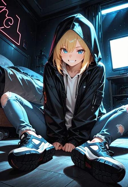 Smooth Quality, 1girl, blonde hair, blue eyes, blue jeans, black hooded jacket, sneakers, bedroom, on floor, neon lights, grin, (dark background:1.1) <lora:Smooth_Booster:1>βββ <lora:Smooth_Lighting_Enhancer:0.5>