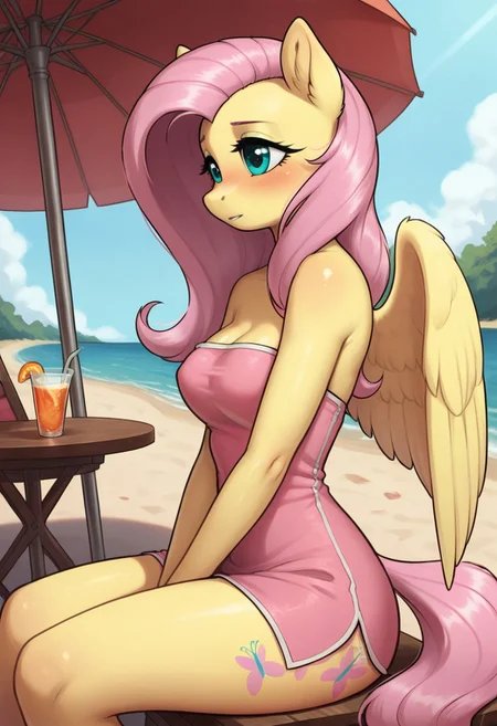 score_9, score_8_up, score_7_up, score_6_up, realistic illustration, dramatic angle, (beach bar), bar chair, outdoors, close view, 1girl, solo, fluttershy, (anthro pony), 18 yo, tail, wings, petite body, shiny skin, medium breasts, dynamic pose, dramatic angle, sitting on chair, blush, blushing, (pink towel, covered with towel, breasts covered with towel), side view