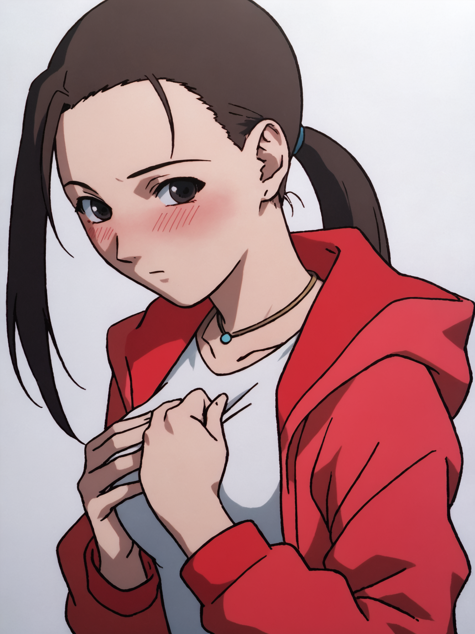 woman, 20 y/o, 20 year old woman, score_7_up, score_8_up, score_9, BREAK masterpiece, perfect hands, high quality, white background, <lora:Iwakura_Mika_PDXLv0b:0.7> iwakura mika, red hoodie, necklace, ponytail, black bike short, full body, white background, medium breasts, covering breasts, upper body, blush:1.2