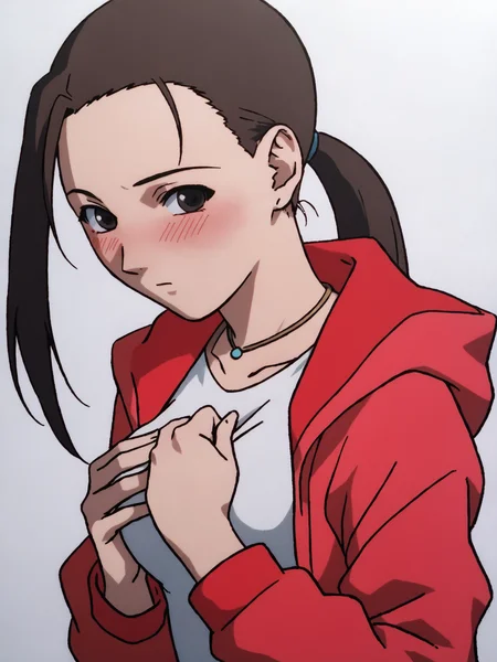woman, 20 y/o, 20 year old woman, score_7_up, score_8_up, score_9, BREAK masterpiece, perfect hands, high quality, white background, <lora:Iwakura_Mika_PDXLv0b:0.7> iwakura mika, red hoodie, necklace, ponytail, black bike short, full body, white background, medium breasts, covering breasts, upper body, blush:1.2