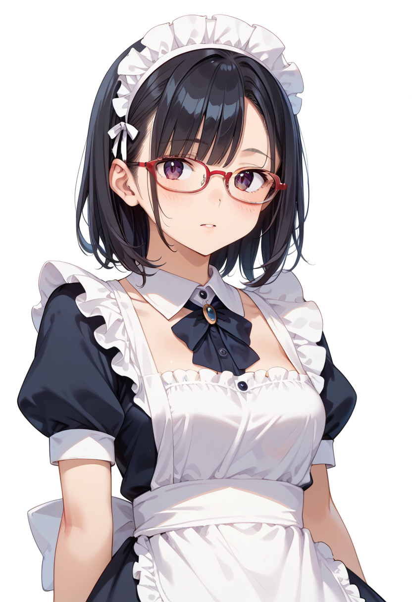 score_9, score_8_up, score_7_up, rating_safe, masterpiece, best quality, absurdres, unity 8k wallpaper, official art, official style, source_anime, uncensored, game cg, megami magazine,
1girl, solo, black hair, medium hair, upper body, covered eyes,maid, maid headdress, black dress, maid apron, face focus,
oval_cell, glasses, still life, white background, simple background, red-framed eyewear,
 <lora:glasses_OvalCell1_PONY_V1:1>