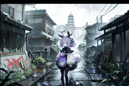 highly insanely detailed, masterpiece, top quality, best quality, highres, 4k, 8k, RAW photo, (very aesthetic, beautiful and aesthetic),  
(rsef style,fevercell style), 
<lora:rsef-000225:0.7>, 
(1girl:1.3), 
1other, 
(1girl:1.6),solo,solo focus,(fully clothes,fully clothed:1.2),upper body,close-up portrait,face focus,sfw,safe_for_work,(conservative_dress,long_sleeves,high_collar,maxi_skirt,turtleneck:1.2),(minimal_exposure:1.2),blue skin,floating clothes,floating,tiki_torch,gloves,holding broom,bare shoulders,animal ears,animal ear fluff,rabbit ears,furry female,body fur,fur collar,rabbit girl,rabbit tail,red eyes,colored sclera,crossed bangs,hair between eyes,hair tubes,hair ribbon,curvy,leotard under clothes,monster girl,rabbit hair ornament,leotard,sidelocks,animal nose,snout,carrot hair ornament,hair ornament,fur-trimmed dress,fur-trimmed gloves,thick thighs,sitting,head tilt,hug,(slender),tail,tail raised,tail ornament, 
, 
, 
, 
ruanyi0046,(alley:1.2),ruanyi0042,outdoors,building,dirty,garbage,graffiti,broken windows,garbage,ruins,abandoned,dark,eerie,vegetation,debris,(rock road,grated walkway),window,wall,fence,cardboard box,road,cup,food,plastic bag,power lines,bottle,street,fence,motor vehicle,plant,bottle,bicycle,window,paper bag,soda can,stairs,door,trash can,bucket,brick wall,poster \(object\),power lines,house,plastic bag,lamppost,winter,raging storm,ragingstorm,typhoon,lightning bolt,lightning,funnel_cloud,drinking,dreamy backdrop,((raining,t1hal,Under The Rain,rain,RainWorld)),reflection,wet street,in the street in the style of t1hal,damp_environment,damp_atmosphere,see-through,cloudy,floating cloud,Sea of clouds,dark clouds,dawn,A peaceful lake shrouded in rolling fog, where the mist creates a mystical quality, The silhouettes of trees along the shore add to the serene scene,neon purple background,neon blue background,(rainbow background,color splash background,colored mosaic background), 
,âââ