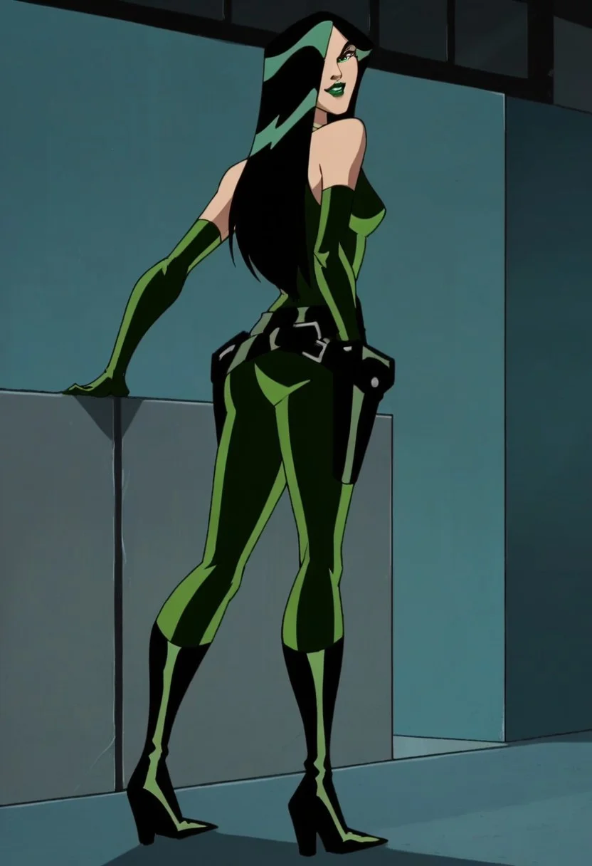 1girl, score_9, score_8_up, score_7_up, masterpiece, high quality, western cartoon, neon lighting, very detailed, depth of field, cinematic illumination, volumetric lighting, full color picture, vibrant colors, solo, alone, cute face,
emhviper, green hair, hair cover one eye, green lips, green bodysuit, green gloves, black belt, black boots, makeup, two-tone hair, multicolored hair, elbow gloves,
standing, full body, flirty, raised eyebrow, flirting, looking back at viewer,